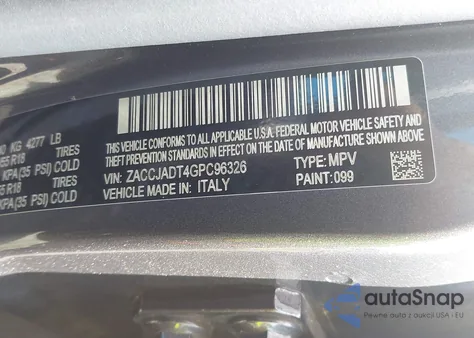 2016 Jeep Renegade Limited from USA, damaged, VIN ZACCJADT4GPC96326